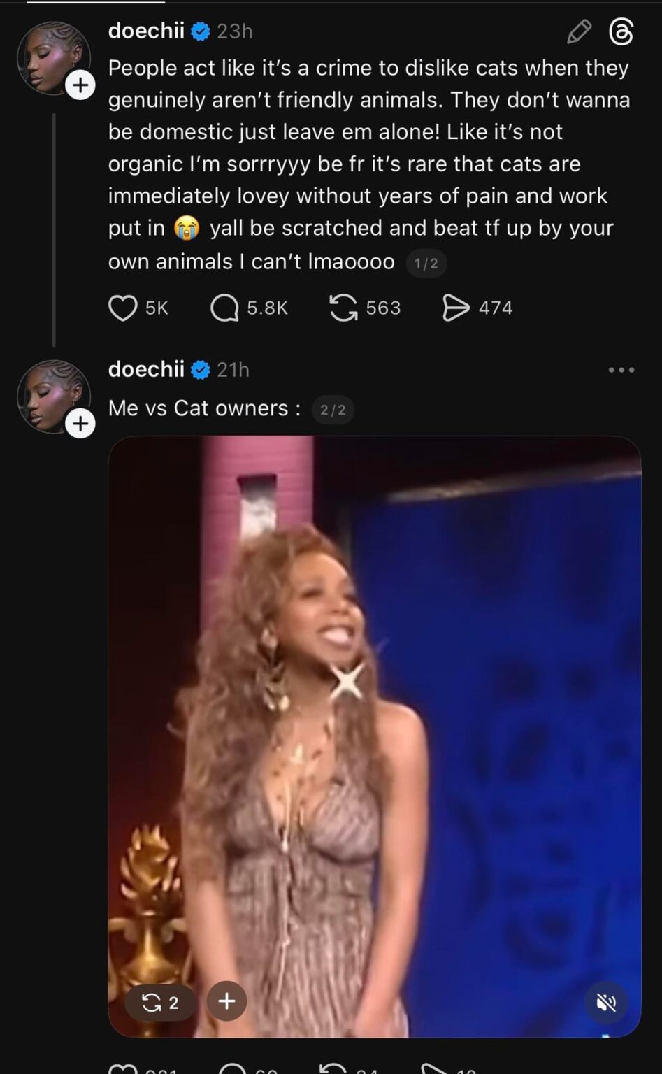 Doechii getting ate up on Threads for spreading cat misinformation/hate and doubling down when cat owners try to educate her.
