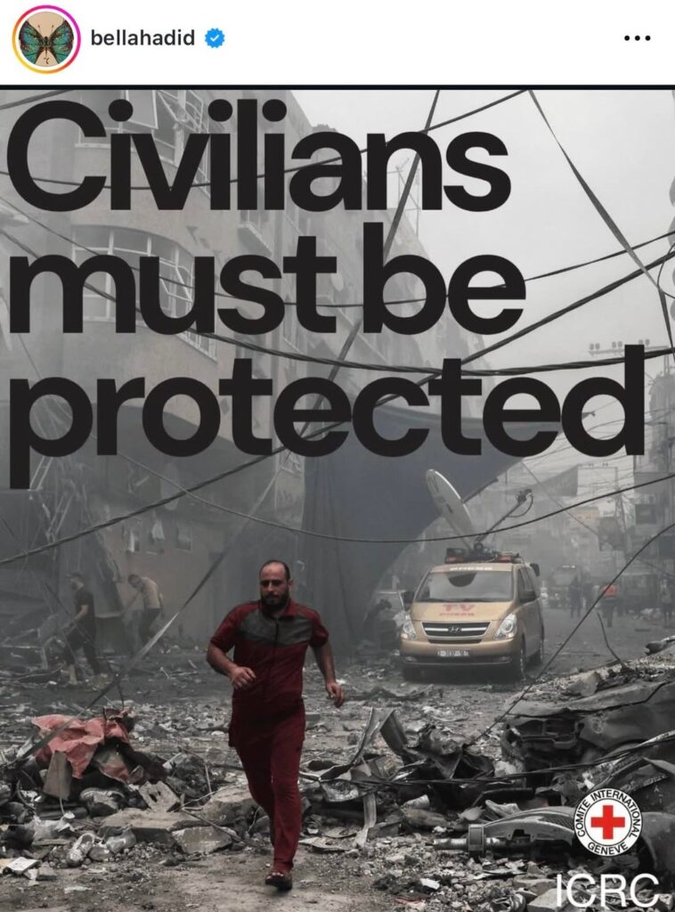 Bella Hadid: “My heart is with the people of Iran, and with every civilian anywhere caught in the middle of government decisions and military escalation... Too often innocent lives become collateral in decisions made far above them by systems, by leaders, by forces that claim to act in their name.”