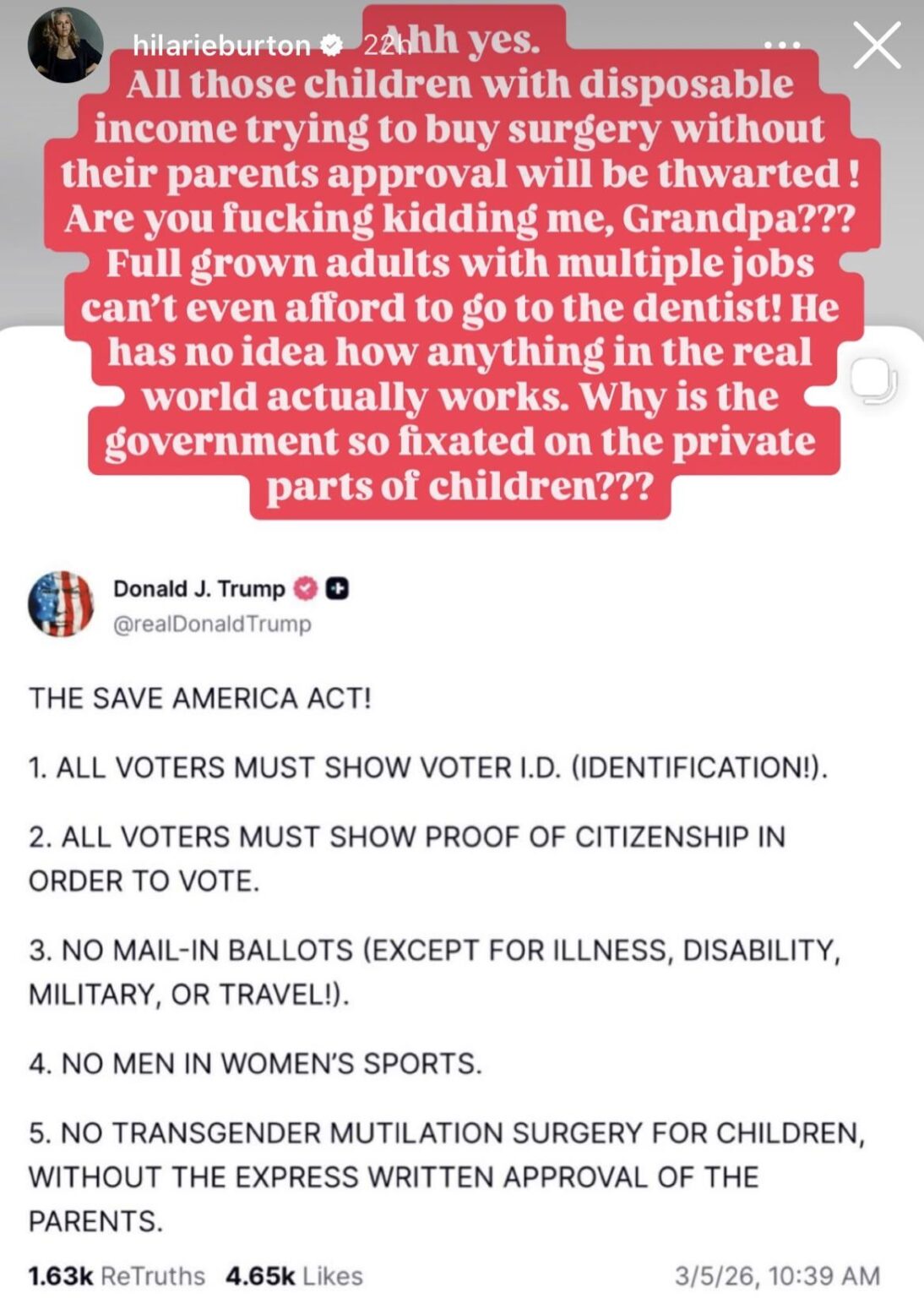 Hilarie Burton speaks on Trump’s calls to end “transgender mutilation for children”: “Full grown adults with multiple jobs can't even afford to go to the dentist! He has no idea how anything in the real world actually works. Why is the government so fixated on the private parts of children???”