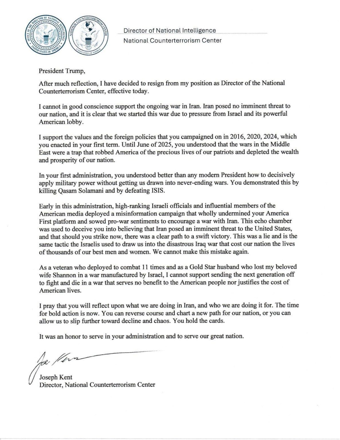 Joe Kent has resigned as Director of the U.S. National Counterterrorism Center: “[Iran] posed no imminent threat to our nation, and it is clear that we started this war due to pressure from Israel and its powerful American lobby.”