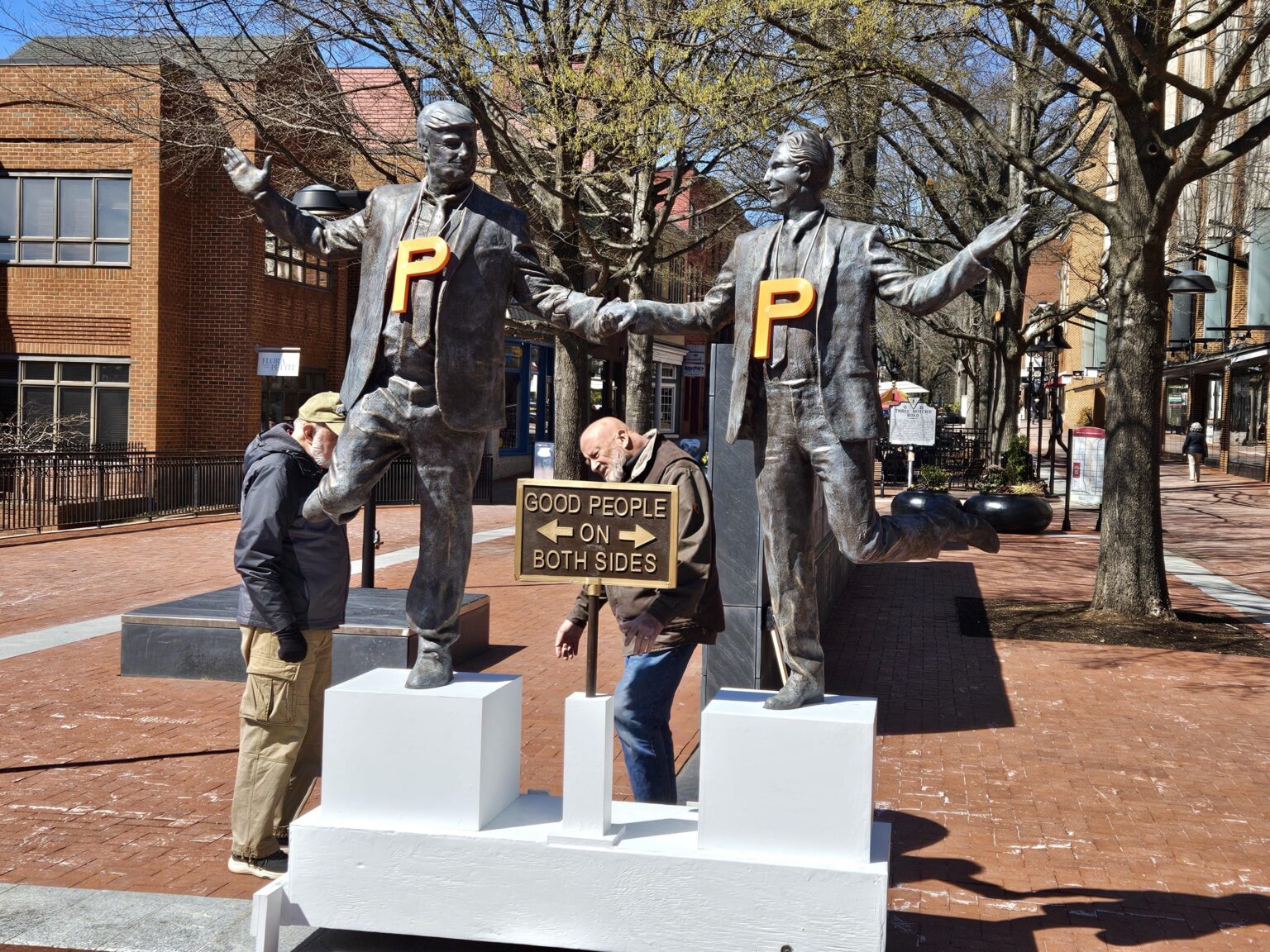 New Trump and Epstein Statues go up in Charlottesville with infamous “Good People on Both Sides” quote. This is located on the same Downtown Mall where a white supremacist drove his car into 36 peaceful protesters in 2017, killing Heather Heyer
