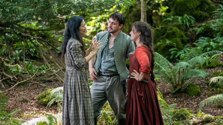 Chloe Zhao with actors Paul Mescal and Jessie Buckley on the set of Hamnet. Pic: Agata Grzybowska/ Focus Features