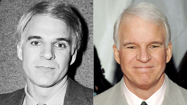 Steve Martin in his early years with mostly gray hair and later with white hair
