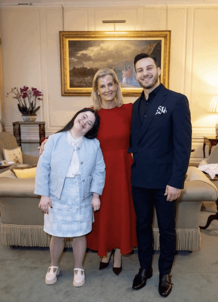 Duchess of Edinburgh, Patron of Mencap, met former Strictly Come Dancing contestants Ellie Goldstein and Vito Coppola for tea at St James' Palace on March 4