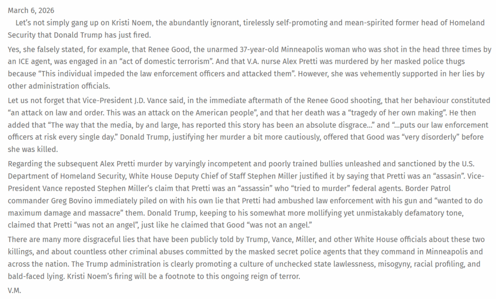 Actor Viggo Mortensen: Kristi Noem's firing is "just a footnote to this ongoing reign of terror", the whole Trump administration "is promoting a culture of unchecked state lawlessness, misogyny, racial profiling, and bald-faced lying"
