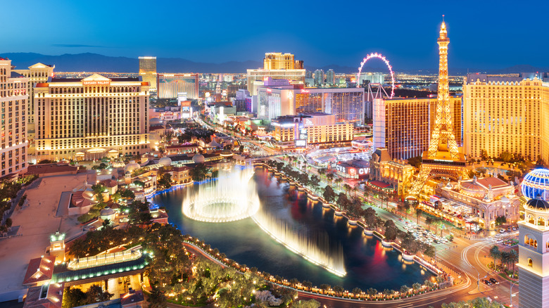 An aerial scene of the Las Vegas strip at night