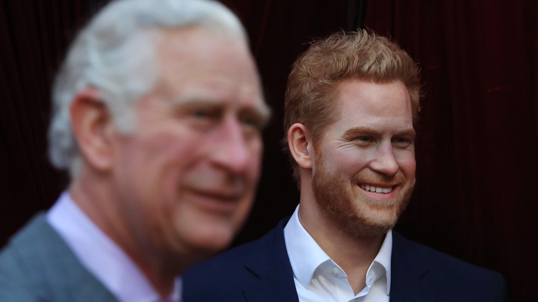 Wax figures of King Charles III and Prince Harry are seen during the unveiling of Madame Tussauds Sydney's wax figure of King Charles III on May 03, 2023.