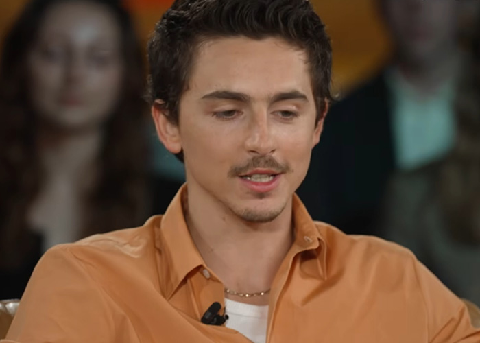 Timothée Chalamet speaking during an interview, wearing a tan shirt, with blurred audience members in the background.