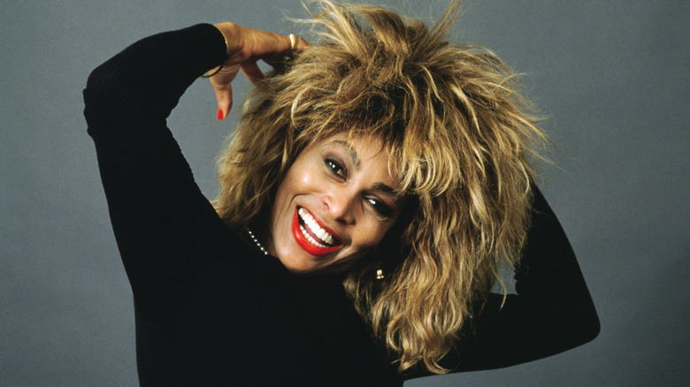 1980s celebrity Tina Turner with long hair wearing red lipstick