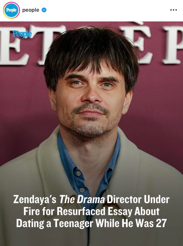 People and TMZ including Zendaya in headlines about Kristoffer Borgli’s resurfaced essay on dating a teenager but not including the filmmaker’s or her male co-star Robert Pattinson’s name