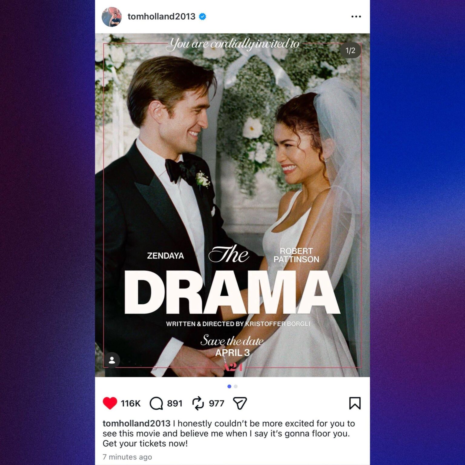 Tom Holland shares post about Zendaya’s upcoming movie The Drama: I honestly couldn’t be more excited for you to see this movie and believe me when I say it’s gonna floor you