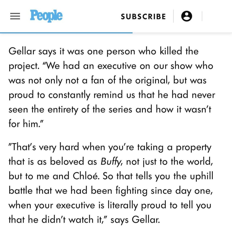 Sarah Michelle Gellar for People revealed it was one hulu executive who cancelled the revival series because he wasn’t a fan of the original show and never seen it