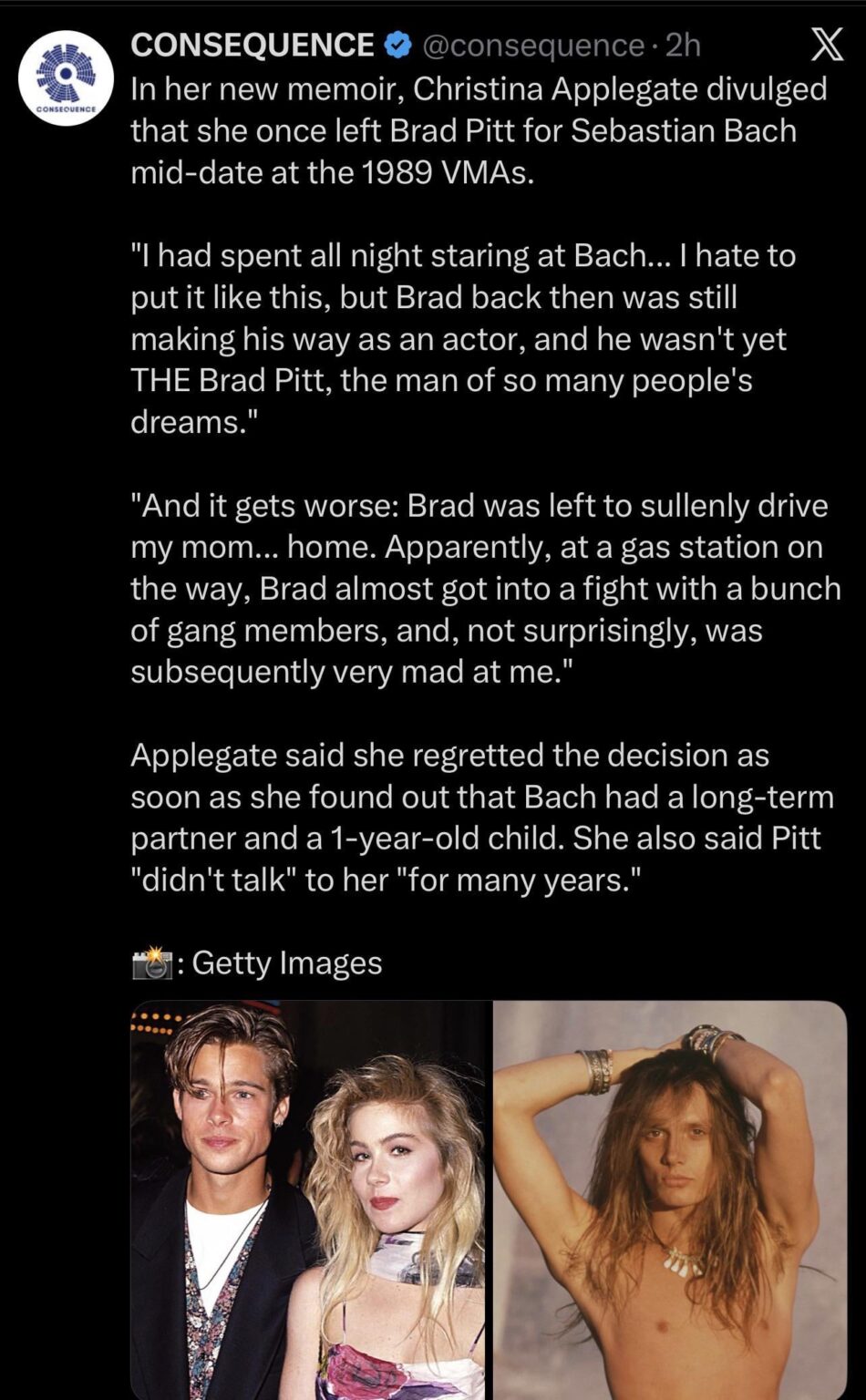 Christina Applegate divulged that she once left Brad Pitt for Sebastian Bach mid-date at the 1989 VMAs.