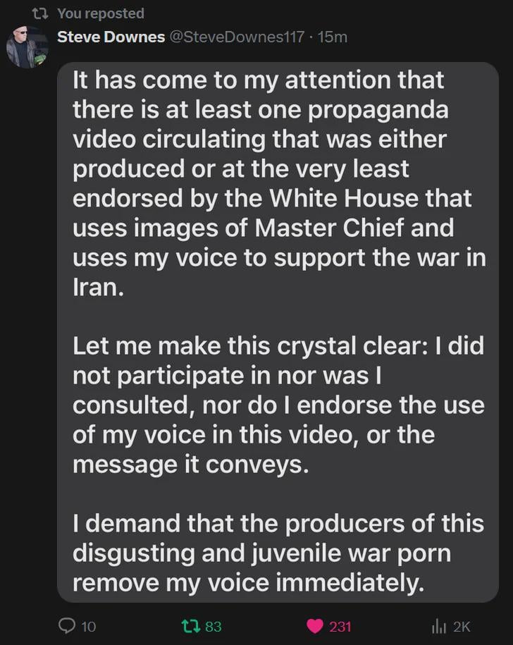 Steve Downes, the voice of Master Chief from the Halo series of video games, denounces the use of his voice lines in a recent video posted online by the White House