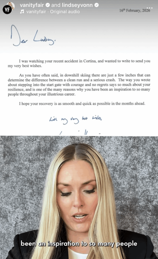 Lindsey Vonn shares letter of support sent to her by Prince William after suffering major injury at Winter Olympics downhill skiing event Lindsey Vonn shares letter of support sent to her by Prince William after suffering major injury at Winter Olympics downhill skiing event