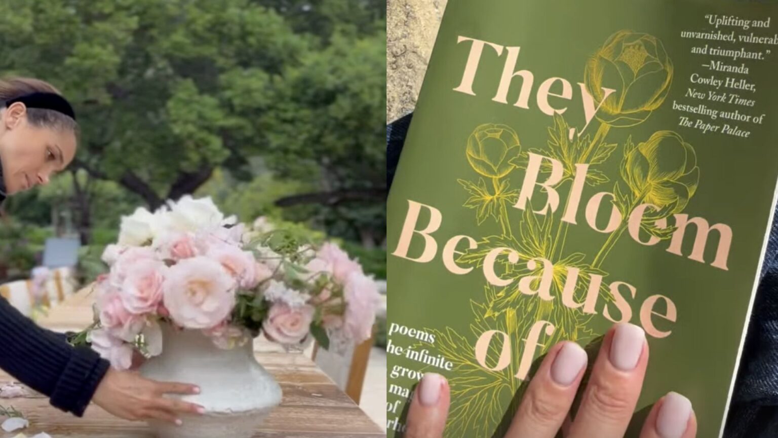 Meghan Markle holding a green book titled They Bloom Because of You; Meghan arranging pink flowers into a white vase