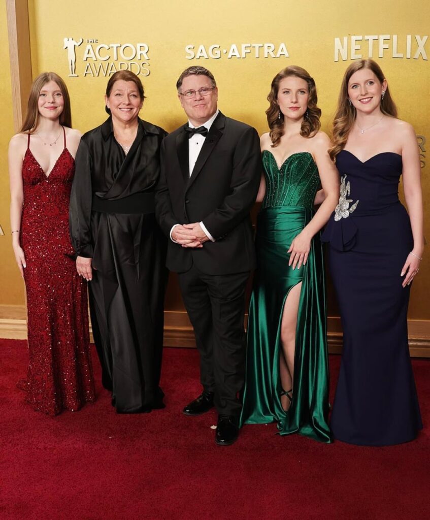 Sean Astin, the National President of the actors' union SAG-AFTRA, with his wife Christine Harrell and three daughters, Ali, Elizabeth and Isabella at the 2026 Actor Awards