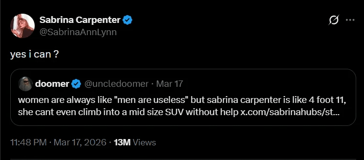 Sabrina Carpenter responds to the misogyny under her Manchild performance, with one comment claiming she can't get into a 'mid-sized SUV without help'