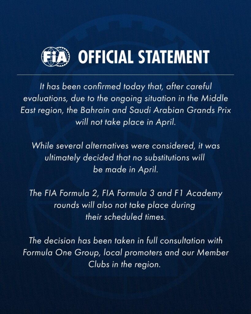 FIA Cancels April’s Bahrain and Saudi Arabian Grands Prix