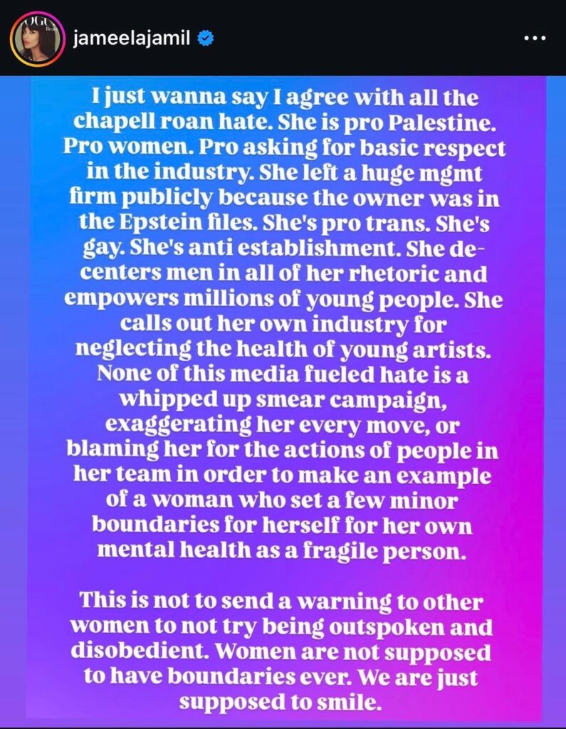 Jameela Jamil on Chappell Roan, “a woman is only allowed two years at the top before she is dragged into hell and submission”