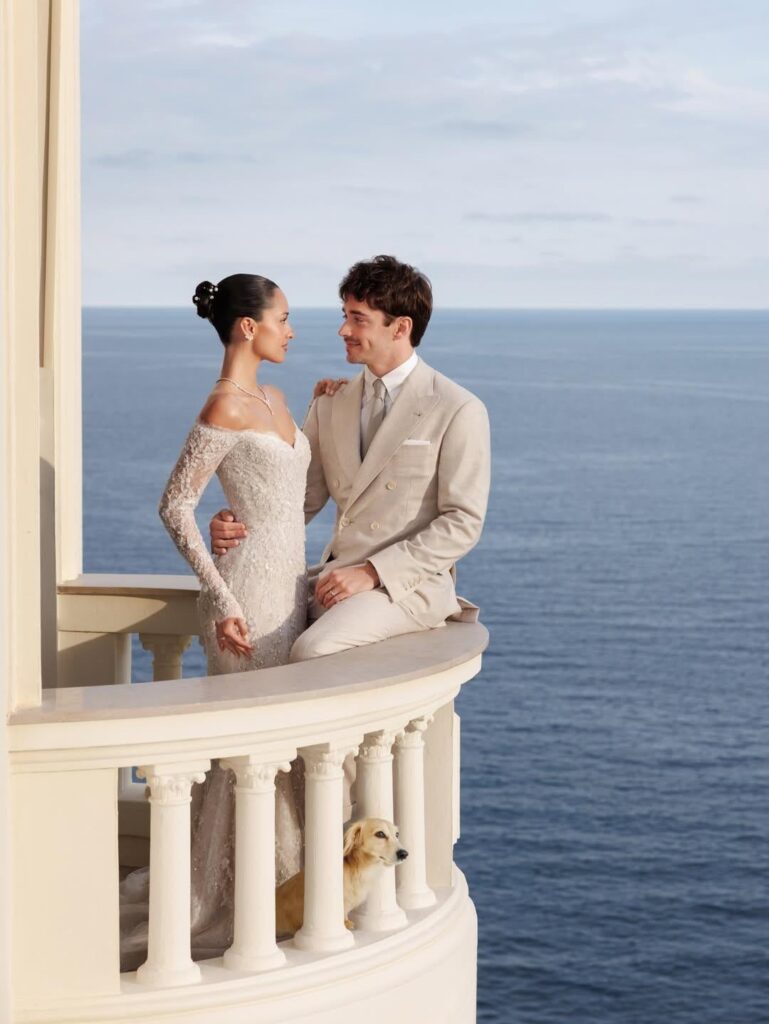 Formula One driver Charles Leclerc & influencer Alexandra Saint Mleux have tied the knot in a private civil ceremony in Monaco. Alexandra wore a custom Paolo Sebastian gown & Graff jewelry. Charles wore a Brunello Cucinelli tux.