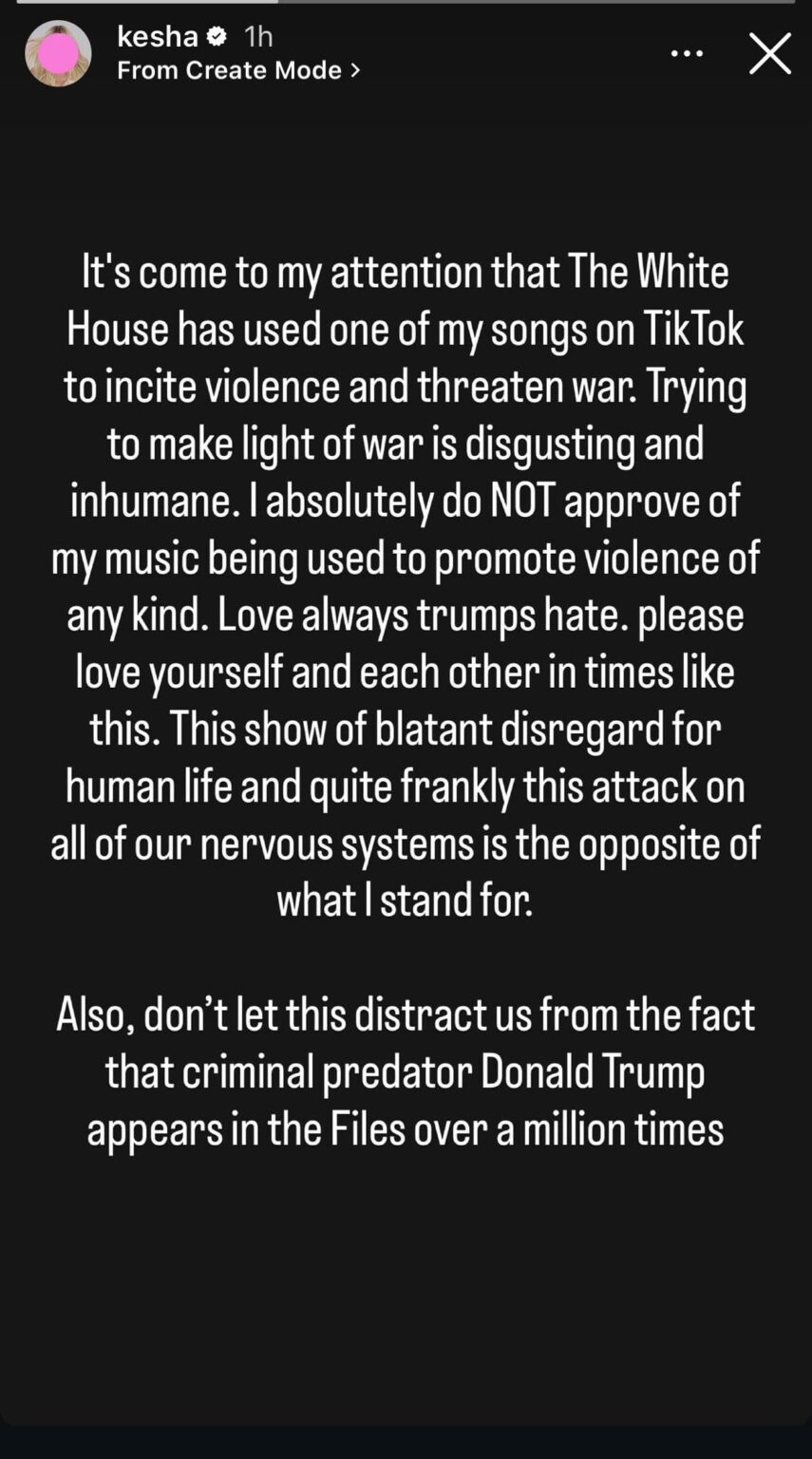 Kesha says she does not approve of the White House using her music. Also calls Trump a predator.