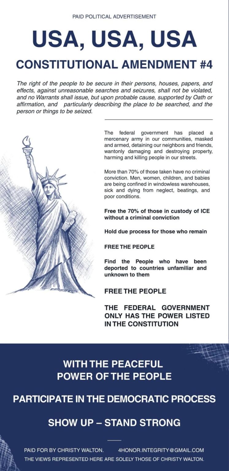 Billionaire Christy Walton placed ad in the NY Times calling for ICE to release detainees: “Men, women, children, and babies are being confined in windowless warehouses, sick and dying from neglect, beatings, and poor conditions.”