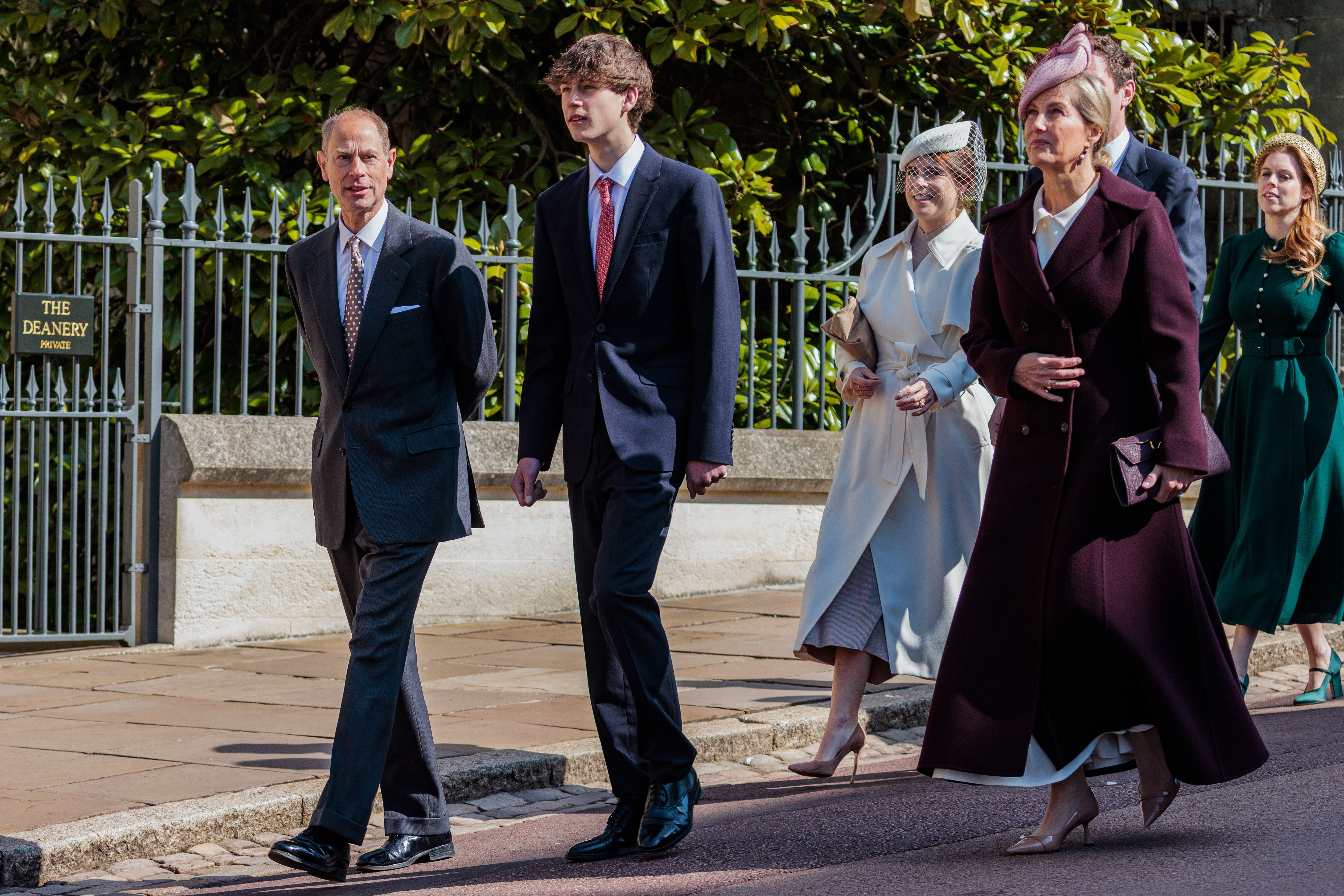 Princess Beatrice, Princess Eugenie, Duchess SOphie, Prince Edward and the Earl of Wessex walking to church on Easter
