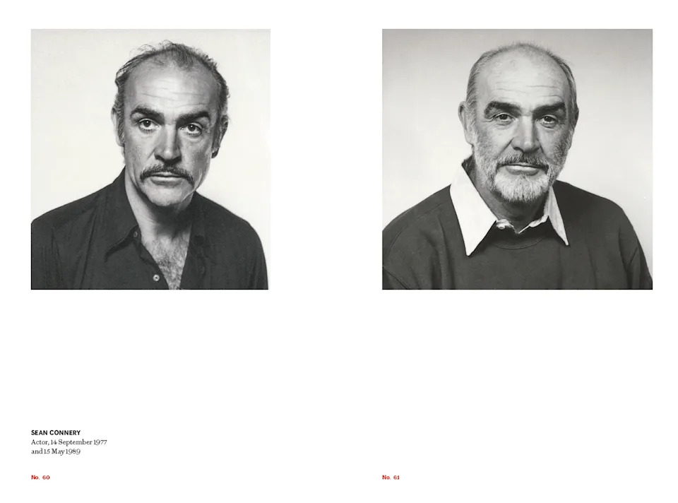 Two black-and-white passport portraits of Sean Connery, taken twelve years apart: the first from 1977 showing him with a full moustache, the second from 1989 with a close-cropped grey beard.