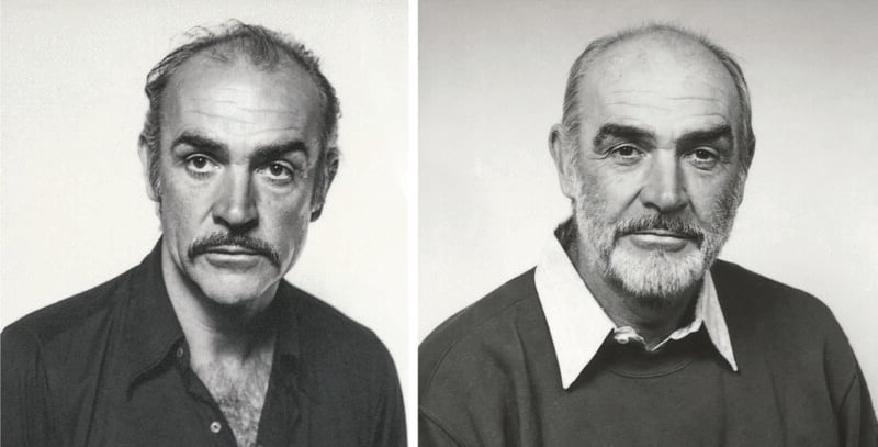 Two black-and-white portraits of the same man at different ages: on the left, he is younger with dark hair and a mustache; on the right, he is older with a white beard and mustache, wearing a collared shirt and sweater.