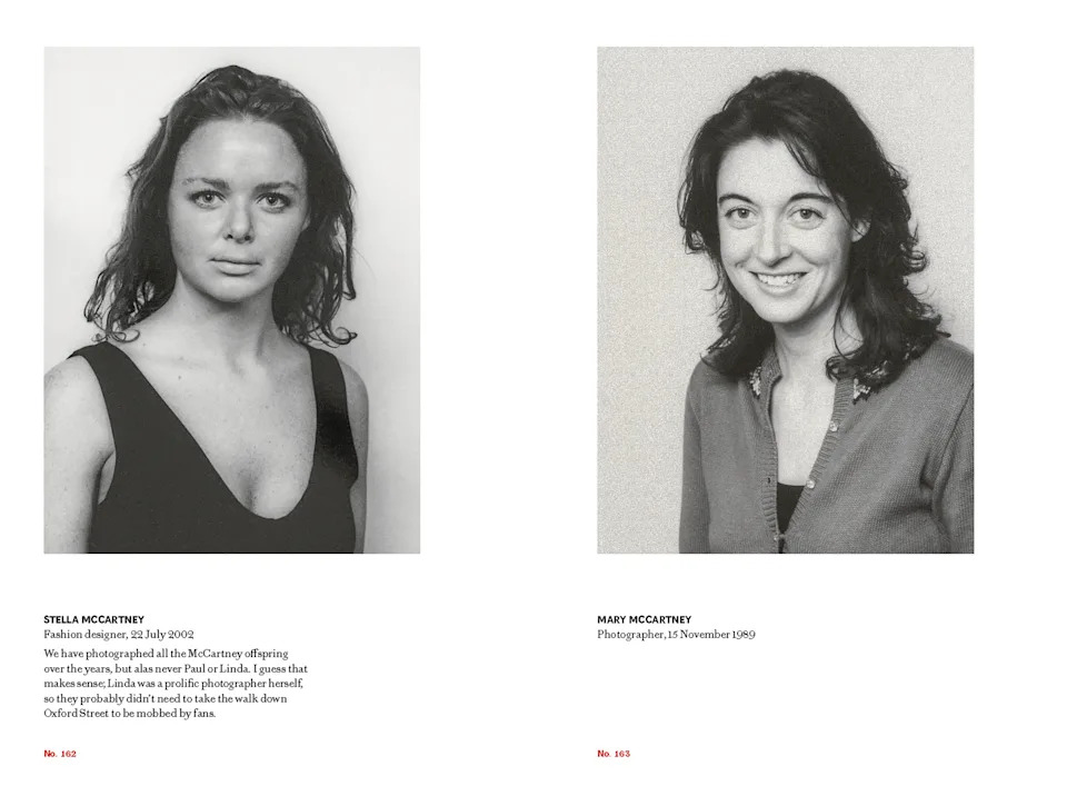Black-and-white passport portraits of sisters Stella McCartney, looking directly at the camera with damp hair, and Mary McCartney, smiling warmly in a cardigan, taken thirteen years apart.