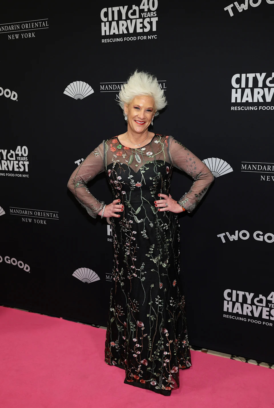 Anne Burrell posing on the red carpet in an elegant, floral-patterned gown with sheer sleeves at a City Harvest event backdrop