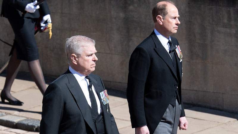 Andrew Mountbatten-Windsor and Prince Edward at the funeral of Prince Philip in 2021. By: James Whatling/MEGA