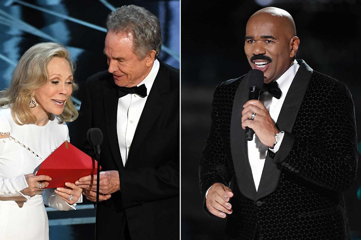 Faye Dunaway and Warren Beatty during the 89th Annual Academy Awards on February 26, 2017 in Hollywood, California; Steve Harvey hosts the 2015 Miss Universe Pageant on December 20, 2015 in Las Vegas, Nevada.Credit: Kevin Winter/Getty; Ethan Miller/Getty