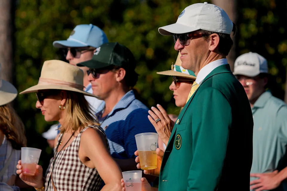 Apr 11, 2026; Augusta, Georgia, USA; Augusta National Golf Club member Eli Manning watches the action at the 17th hole during the third round of the Masters Tournament at Augusta National Golf Club. Mandatory Credit: Kyle Terada-Imagn Images