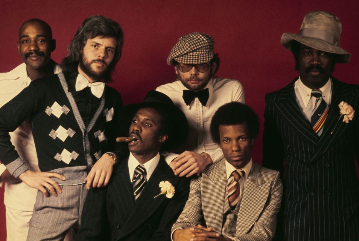Hot Chocolate in April 1974. Standing, left to right: singer-songwriter Errol Brown, guitarist Harvey Hinsley, keyboard player Larry Ferguson, drummer Tony Connor, bassist and songwriter Tony Wilson and percussionist Patrick Olive. 
