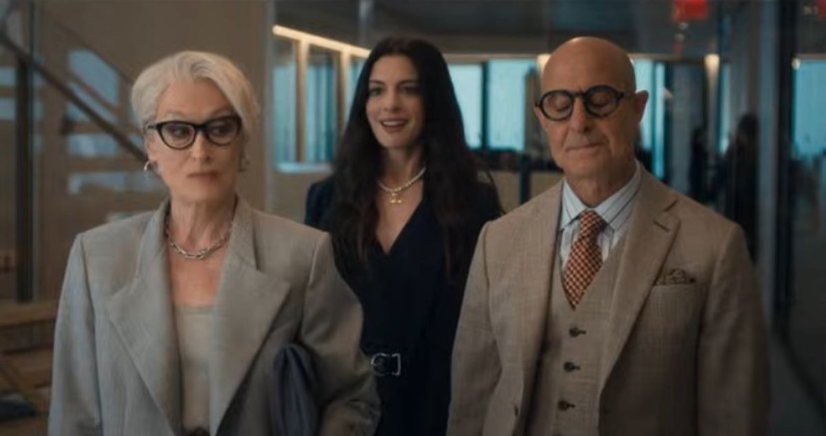 The Devil Wears Prada 2 screengrab of Meryl Streep, Anne Hathaway and Stanley Tucci