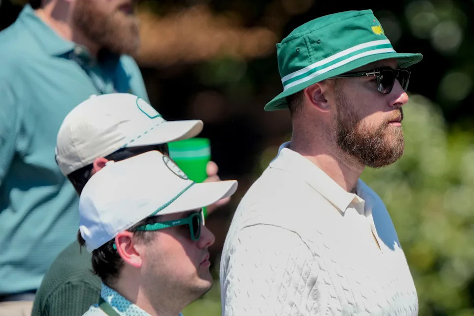 Apr 11, 2026; Augusta, Georgia, USA; Travis Kelce walks the course near the 18th hole during the third round of the Masters Tournament at Augusta National Golf Club. Mandatory Credit: Kyle Terada-Imagn Images