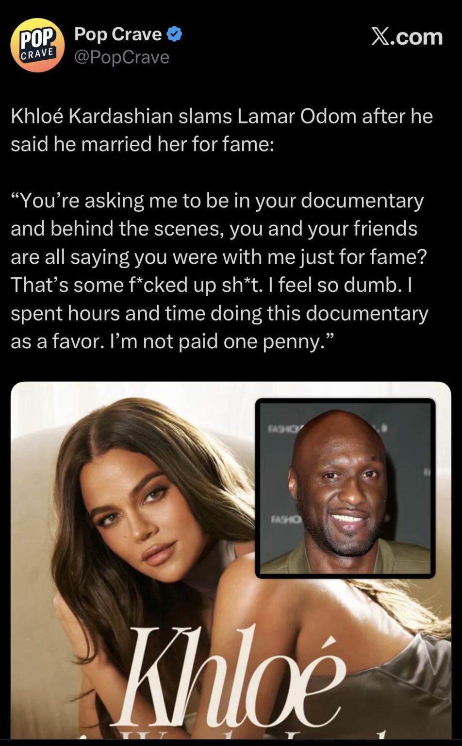 Khloé Kardashian responds to Lamar Odom saying he said he married her for fame