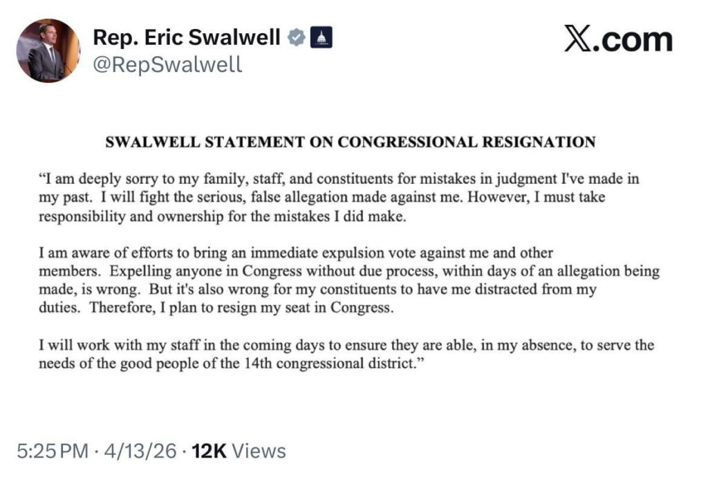 Rep. Eric Swalwell has resigned from Congress following sexual assault accusations & calls for his expulsion: “Expelling anyone in Congress without due process, within days of an allegation being made, is wrong. But it's also wrong for my constituents to have me distracted from my duties.”