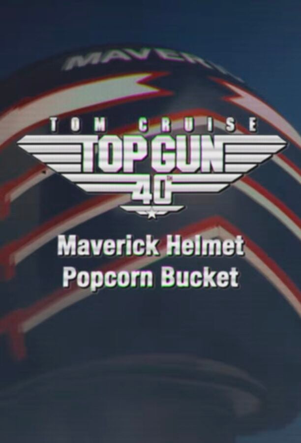 Helmet shaped popcorn bucket featuring Top Gun Maverick 40th logo and bold branding at center of image