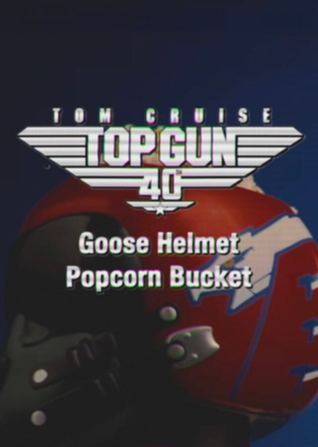 Top Gun 40th anniversary Goose Helmet Popcorn Bucket graphic with helmet in foreground and logo above