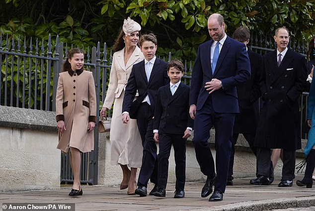 The Prince and Princess of Wales arriving with their children, Prince George, Princess Charlotte and Prince Louis, arriving with other members of the royal family to attend the Easter Service at St George's Chapel, Windsor Castle – April 5, 2026