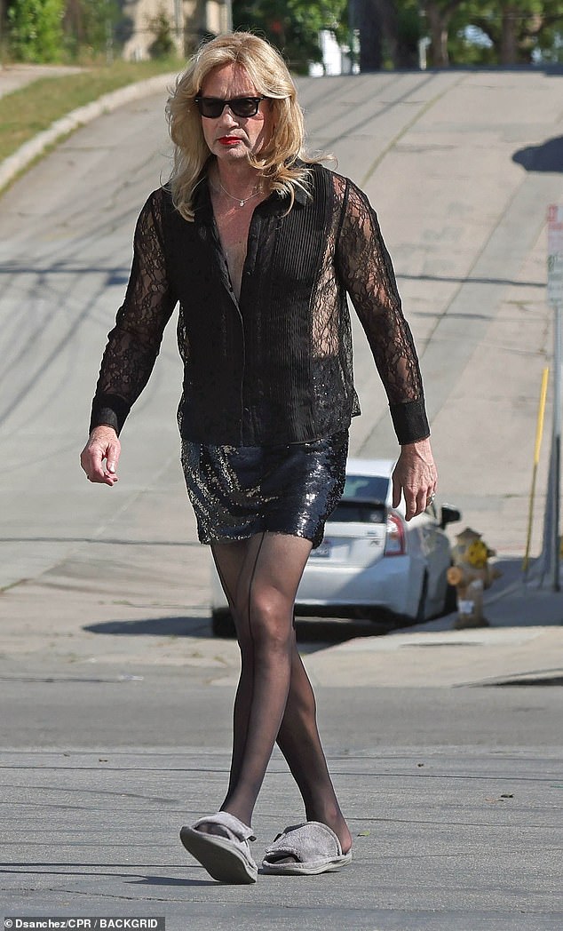 David Duchovny was spotted in Hollywood in a see-through women’s shirt, sequin mini skirt and a blonde wig in Los Angeles