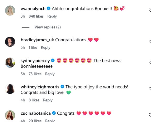 Bonnie's co-star Evanna Lynch, who played Luna Lovegood in the Harry Potter, commented: 'Ahhh congratulations Bonnie!!!'