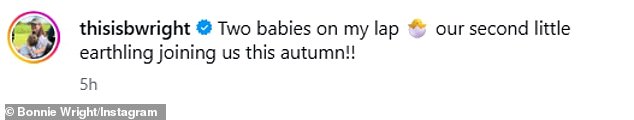 She captioned the post: 'Two babies on my lap. Our second little earthling joining us this autumn!!'