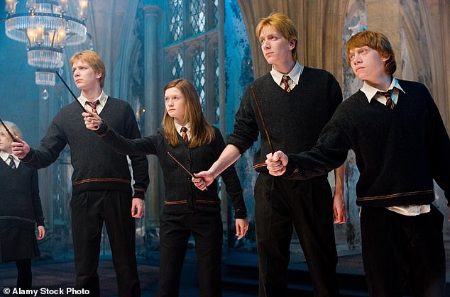 Bonnie pictured as Ginny in Harry Potter And The Order Of The Phoenix (James Phelps as Fred, Bonnie as Ginny, Rupert Grint as Ron Weasley, and Oliver Phelps as George)