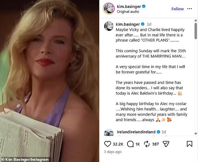 'I will also say that today is Alec Baldwin's birthday,' Basinger wrote last Friday. 'A big happy birthday to Alec my costar. Wishing him health, laughter and many more wonderful years with family and friends always'