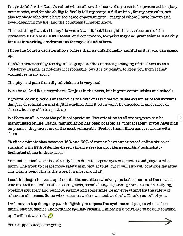 Lively issued a lengthy statement on Instagram addressing her 'physical pain from digital violence' after a judge issued a devastating blow to her case