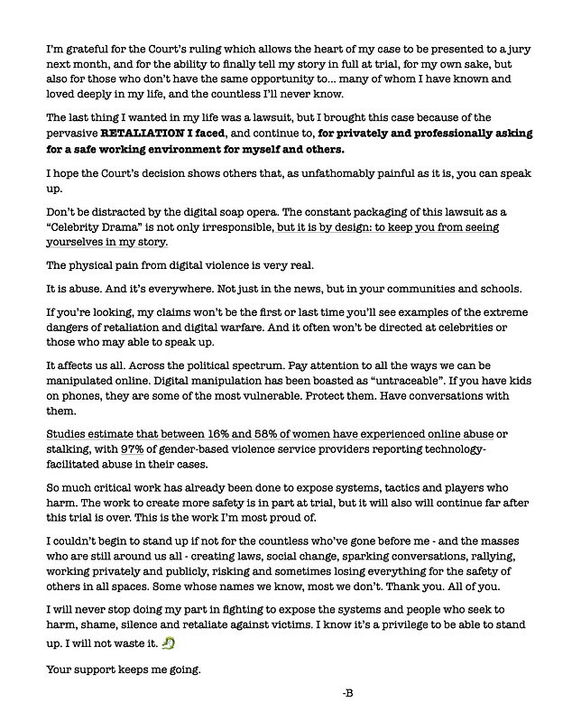 Within hours of that ruling Lively, 38, released a lengthy statement